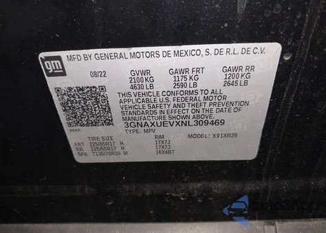 2022 Chevrolet Equinox Awd Lt z USA, uszkodzony, nr VIN 3GNAXUEVXNL309469